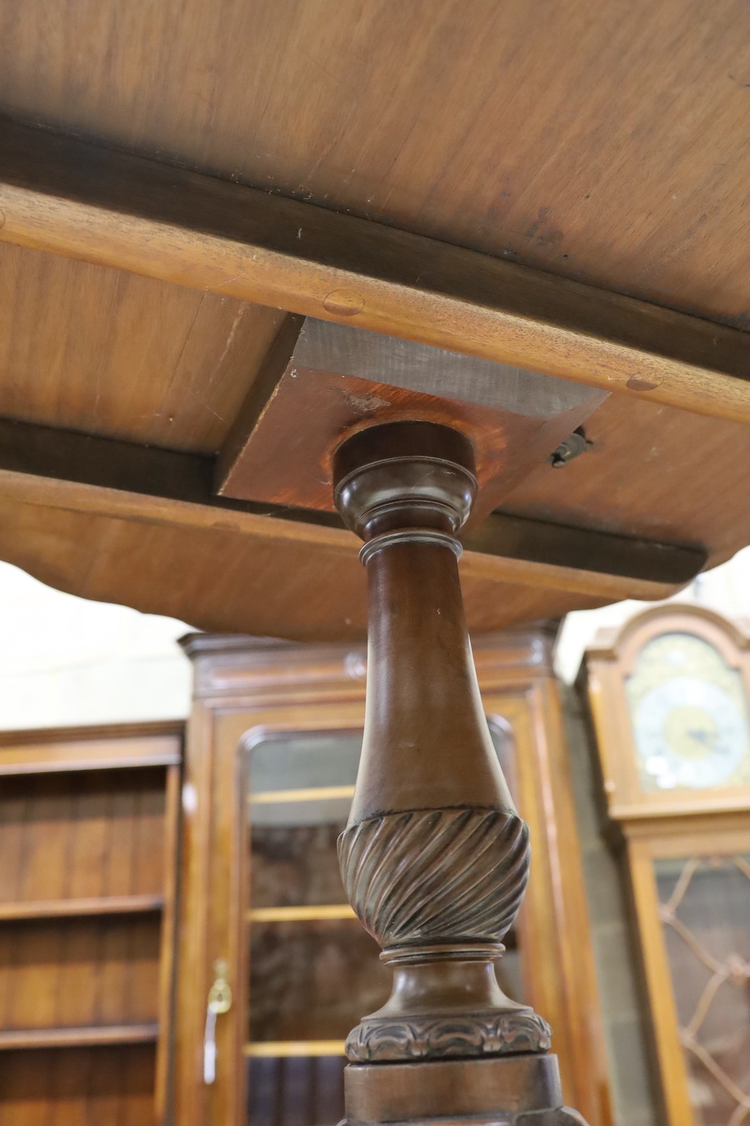 A George III and later circular mahogany piecrust tilt top tripod tea table, diameter 82cm, height 74cm
